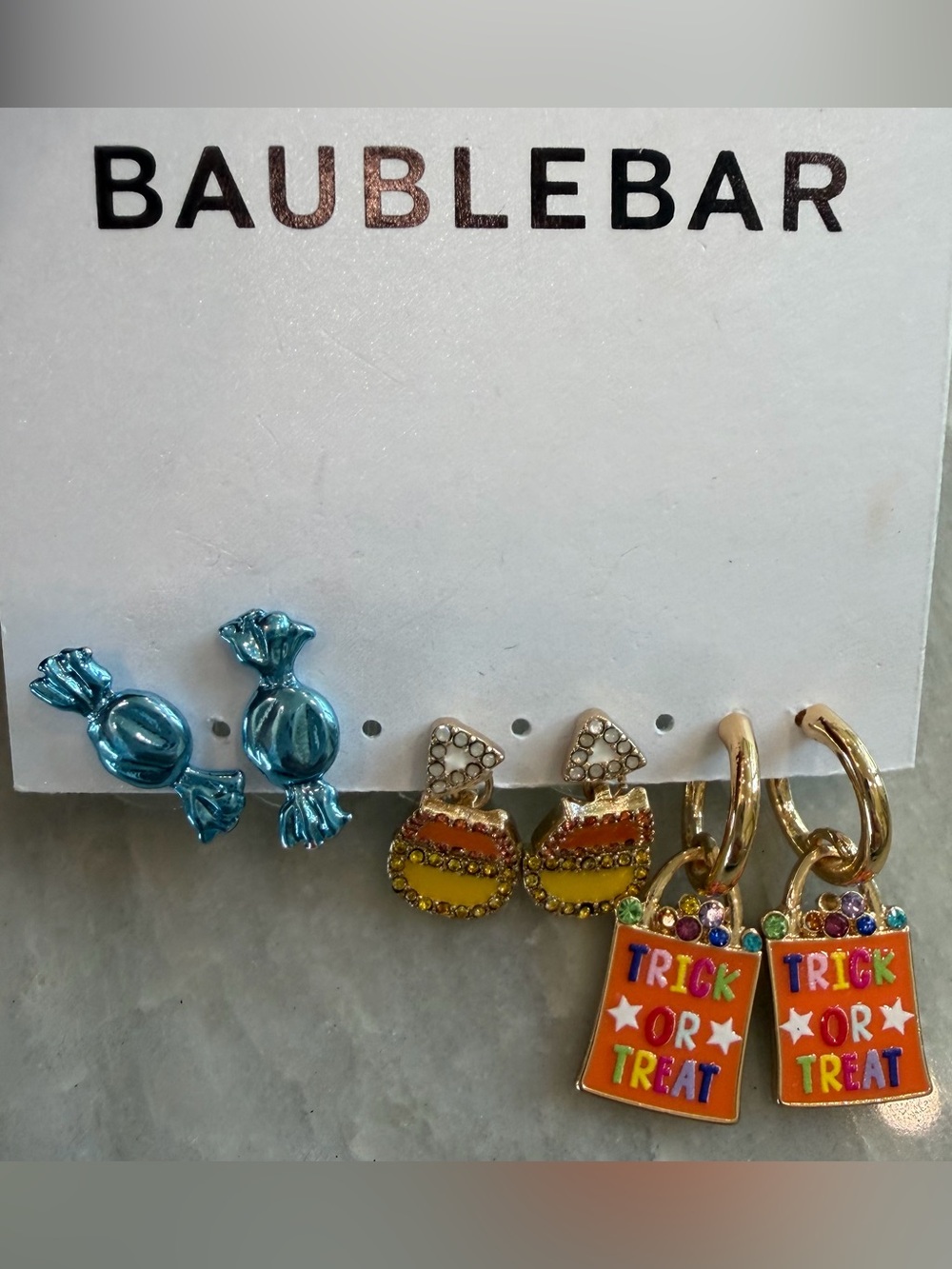 BaubleBar Halloween 3 pair earring set candy corn treat bag new